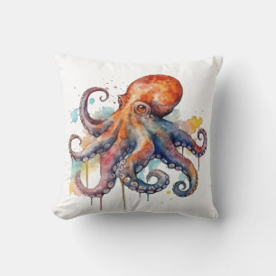 Coussin pieuvre colorée à l'aquarelle gros yeux