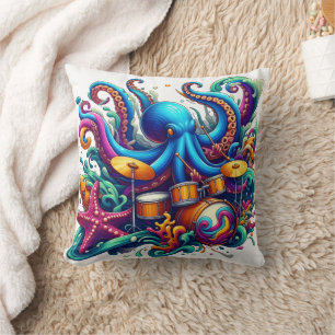 Coussin Pieuvre colorée Jouer des tambours dans les vagues