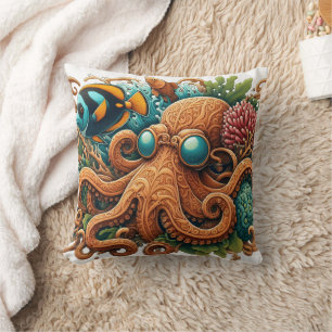 Coussin Pieuvre Colorée Parmi le Récif de Corail et les Po