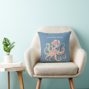 Coussin Pieuvre de plage océanique florale aux joues bleue