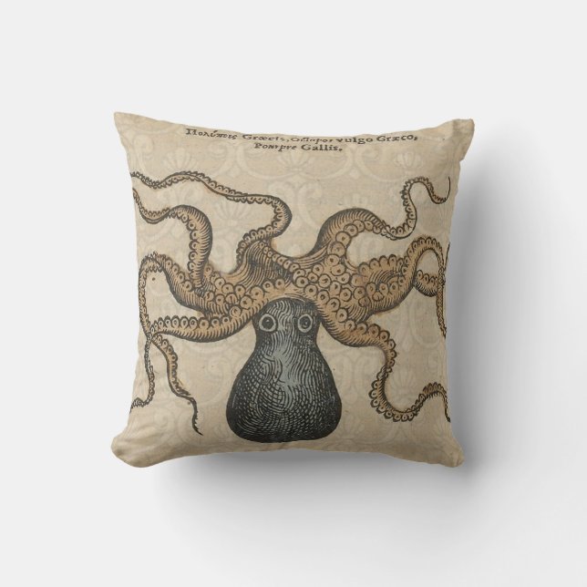 Coussin Pieuvre Kraken Antique Faune Marine Côtière (Recto)