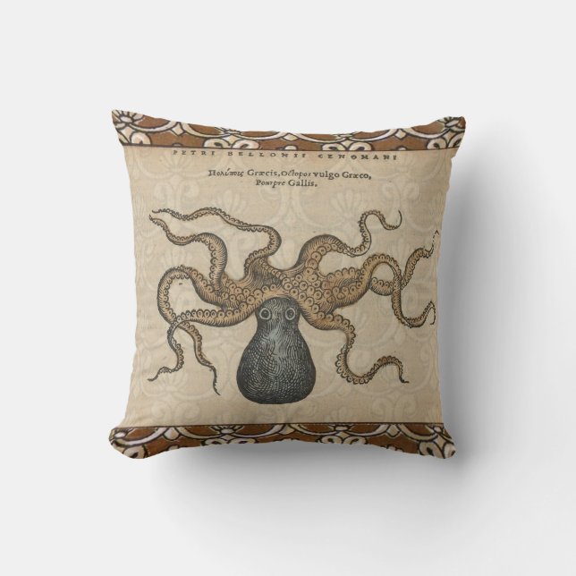 Coussin Pieuvre Kraken Antique Faune Marine Côtière (Recto)