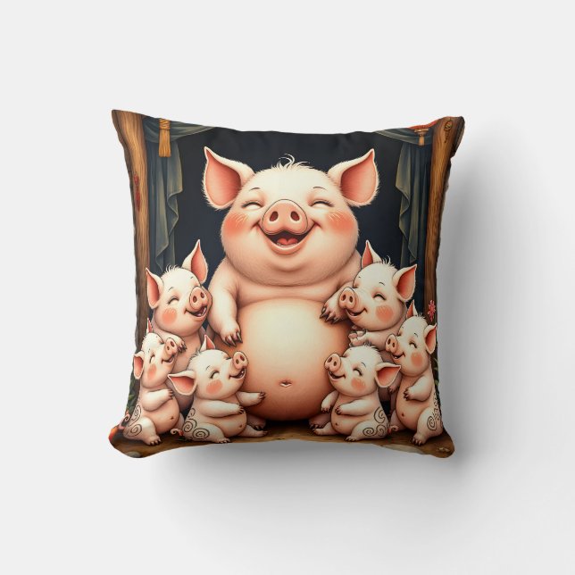 Coussin  Pig Art – Mother & Piglets (Recto)