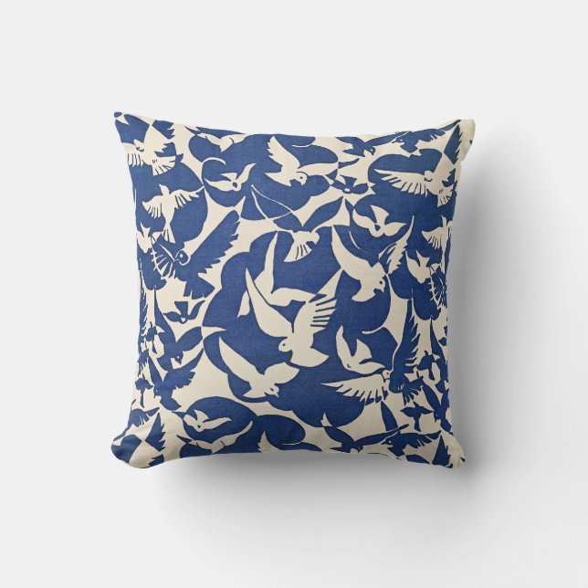 Coussin Pigeons en motif blanc et bleu (Recto)