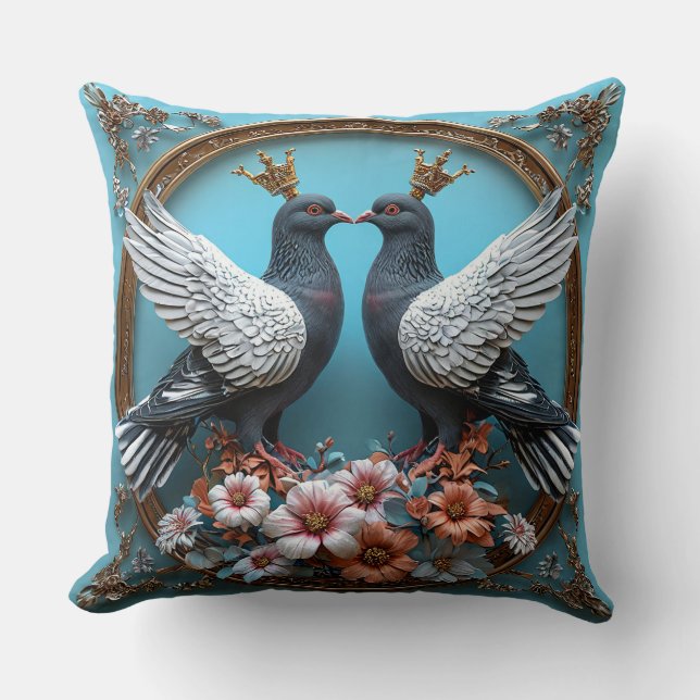 Coussin Pigeons Majestueux avec Couronnes Oiseaux Royaux É (Recto)