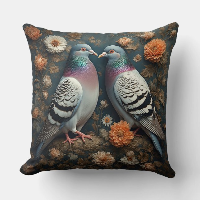 Coussin Pigeons Vibrants Entourés de Fleurs Épanouies (Recto)