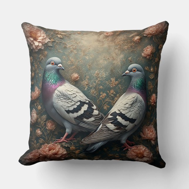 Coussin Pigeons Vibrants Entourés de Fleurs Épanouies (Recto)