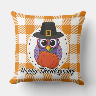 Coussin Pilgrim owl on Orange Plaid - Happy Thanksgiving