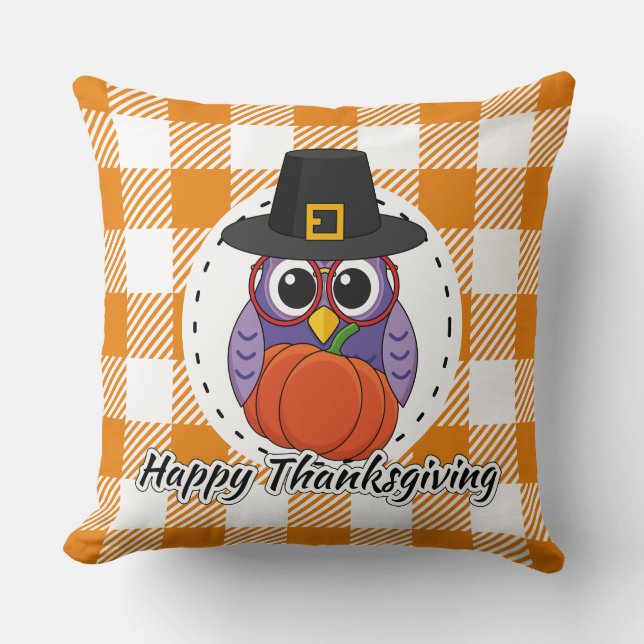 Coussin Pilgrim owl on Orange Plaid - Happy Thanksgiving (Recto)