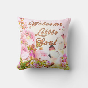 Coussin Pillow Bienvenue Petite Âme – Papillon Floral Rose