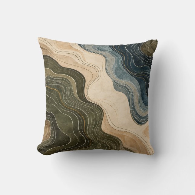 Coussin Pillow Throw Abstrait Contour Olive Navy Topograph (Recto)