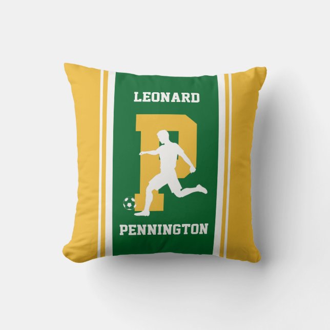 Coussin Pilote à lancer de soccer vert et or (Recto)