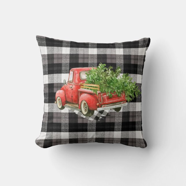 Coussin Pilote de 16 po x 16 po XMAS Camion Baffalo Plaid  (Recto)