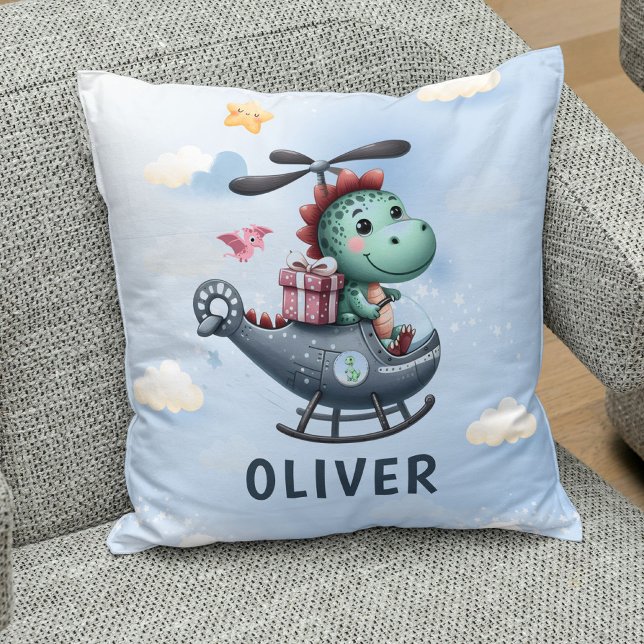 Coussin Pilote de dinosaure mignon volant un hélicoptère c (Créateur téléchargé)