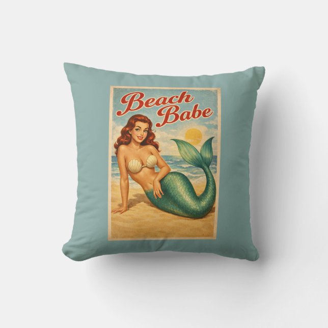 Coussin Pin-Up Sirène Babe Rétro Vie Côtière Bleue (Recto)