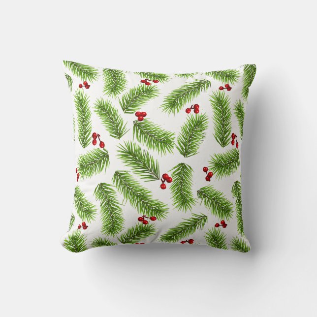 Coussin Pin vert de Noël Feuilles & Baies rouges en blanc (Recto)