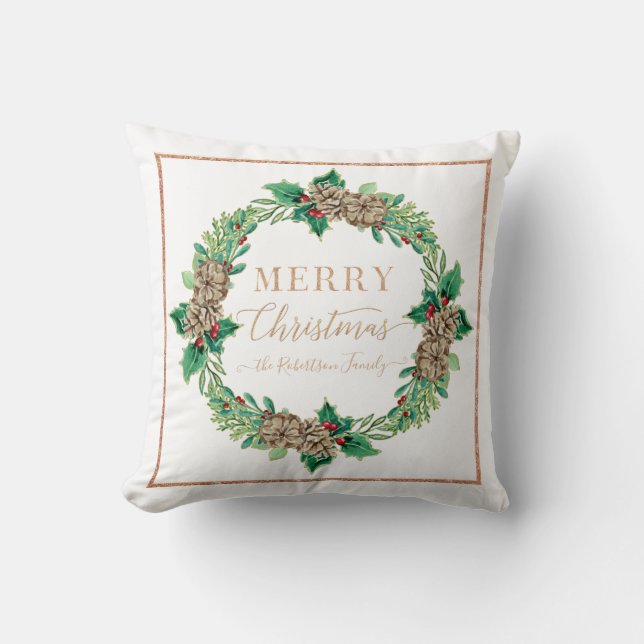 Coussin Pine Holly Wreath Rose Gold Script Joyeux Noël (Recto)