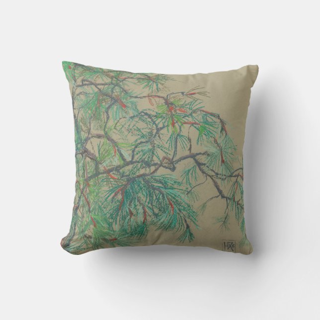 Coussin "Pine-tree branch", dessin pastel dans les tons ve (Recto)