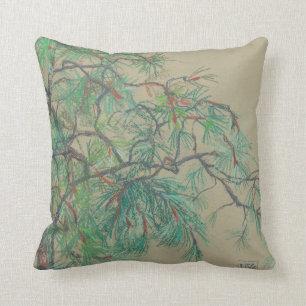 Coussin "Pine-tree branch", dessin pastel dans les tons ve