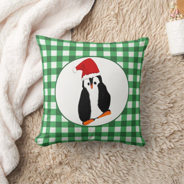 Coussin Pingouin à Santa Hat Vert En vichy Joyeux Noël (Couverture)