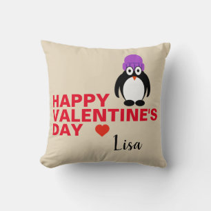 Coussin Pingouin avec violet Casquette Saint-Valentin