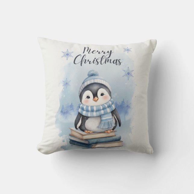 Coussin Pingouin de Noël aquarelle (Recto)
