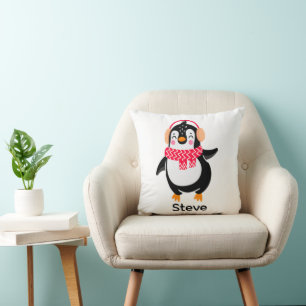 Coussin Pingouin de Noël Jolly en écharpe avec des bouffée