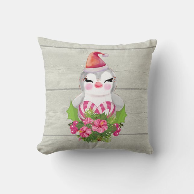 Coussin Pingouin de Noël mignon à Santa Hat (Recto)