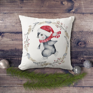 Coussin Pingouin de patinage sur glace mignon en Wreath d'