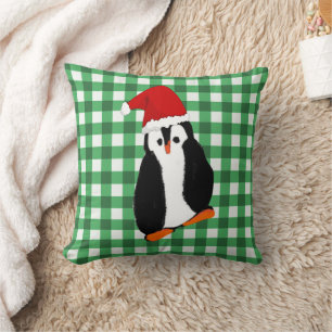 Coussin Pingouin En vichy Noël vert et salutation