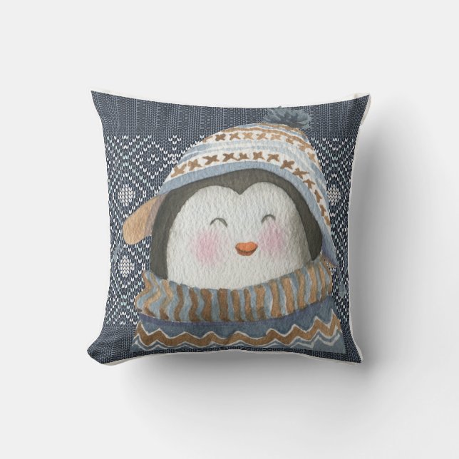 Coussin Pingouin mignon sur Motif Knit d'hiver confortable (Recto)