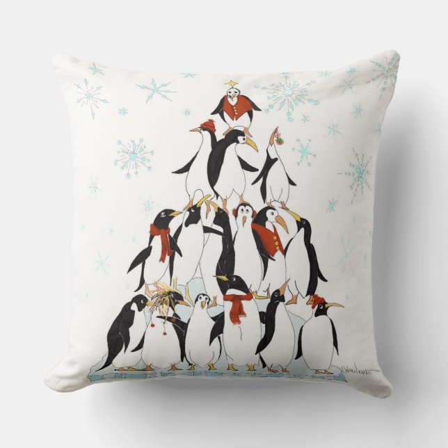 Coussin Pingouin Noël Arbre amusant Dessin de vacances (Recto)