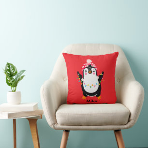 Coussin Pingouin scintillant avec lumières de Noël