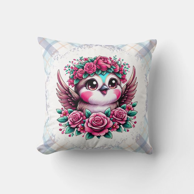 Coussin Pingouin volant avec roses roses (Recto)