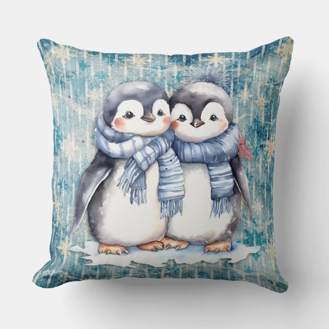 Coussin Pingouins D'Aquarelle Bleu D'Hiver Avec Écharpes (Recto)