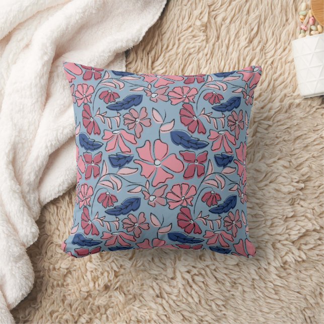 Coussin Pink and Blue Hand Drake Floral Block Print (Couverture)