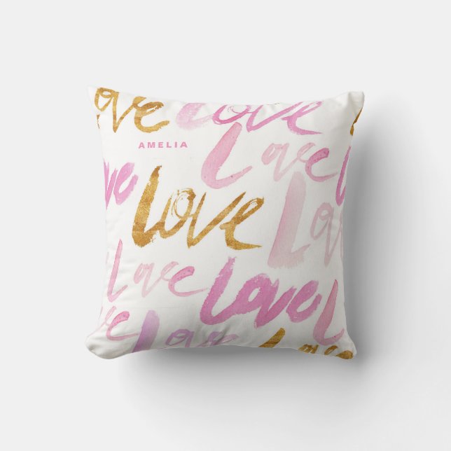 Coussin Pink and Faux Gold Foil Love Typographie personnal (Recto)