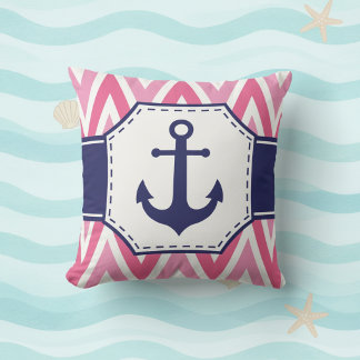 Coussin Pink and Navy Anchor Throw Pillow