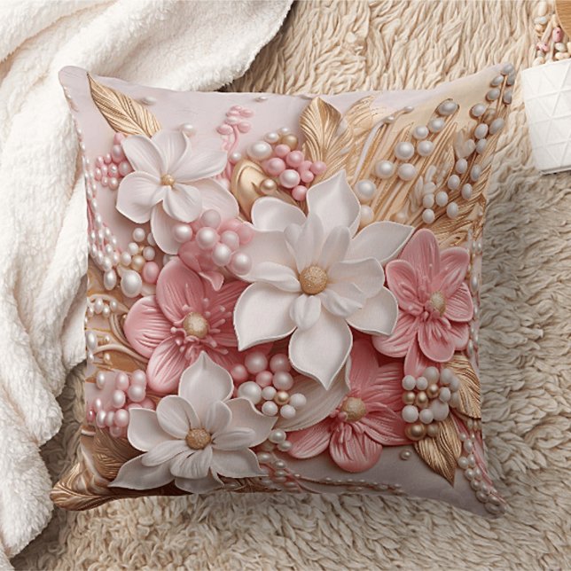 Coussin Pink and White Floral and Pearls Throw Pillow (Créateur téléchargé)