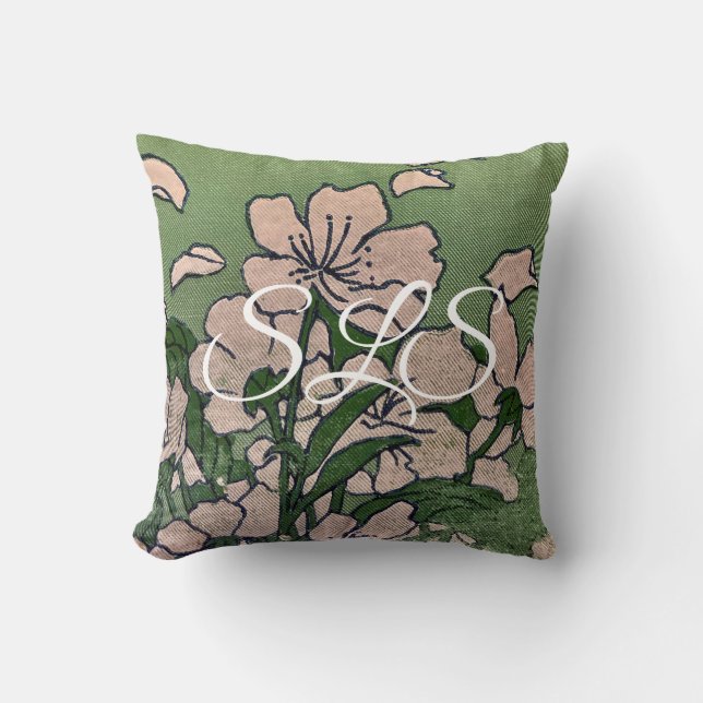 Coussin Pink Blossom Green Throw Pillow (Recto)