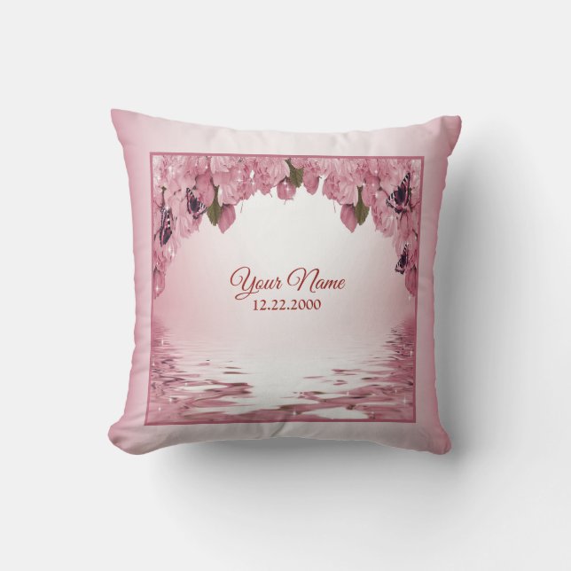 Coussin Pink Floral Nature Butterfly Outdoor Wedding Gift  (Recto)