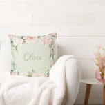 Coussin Pink Floral Sage Green Watercolor Name Baby Girl<br><div class="desc">Pretty sage green pink floral watercolor throw pillow for the pretty baby girl in your life.  Perfect baby shower gift for the new baby girl.  This is such an elegant pattern for a girls nursery or bedroom.  So dainty and girly.</div>