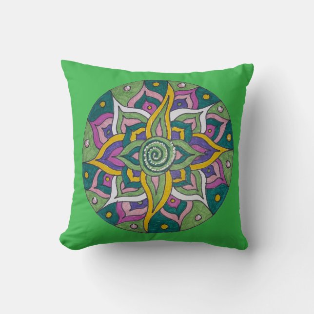 Coussin Pink/Green Lotus Mandala Throw Pillow (Recto)