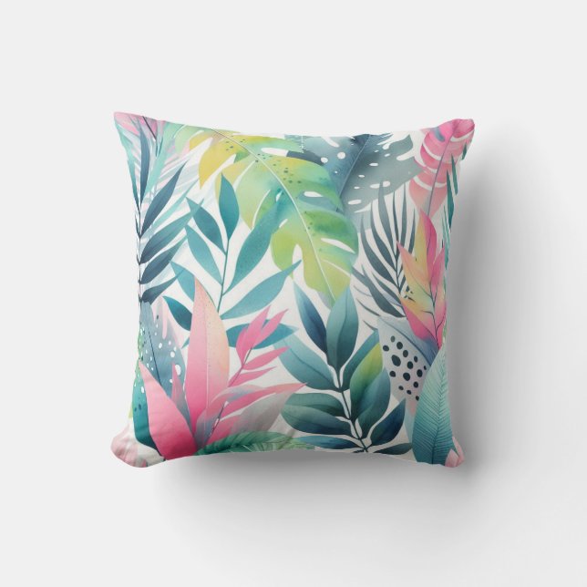 Coussin Pink Green Tropical Palm Feuille (Recto)