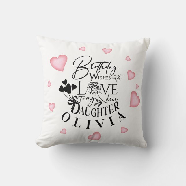 Coussin Pink Hearts Daughter Birthday Text Design (Recto)