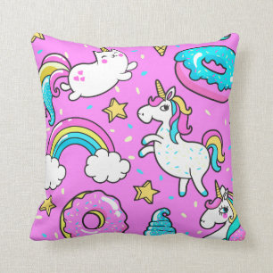 Coussin Pink Kitschy glittery drôle de licorne et de chatt