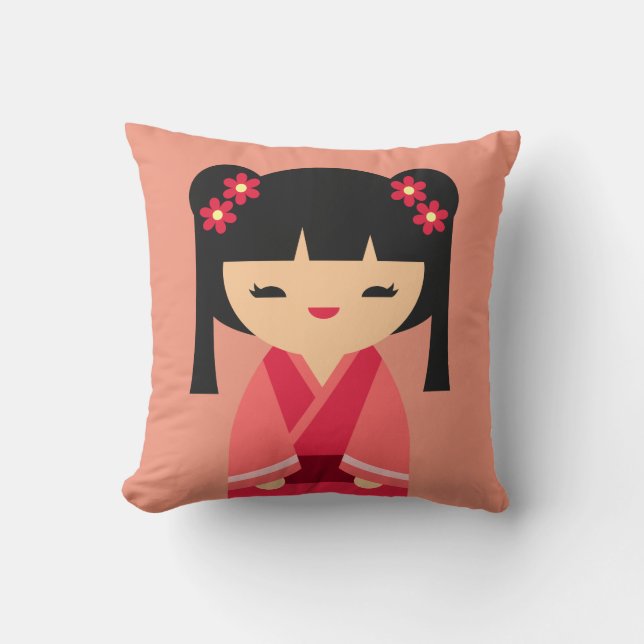 Coussin Pink Kokeshi poupées japonaises (Recto)