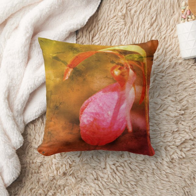 Coussin Pink Lady Slipper Orchid Raindrop Abstrait (Couverture)