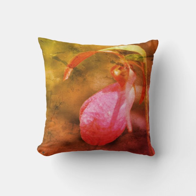 Coussin Pink Lady Slipper Orchid Raindrop Abstrait (Recto)
