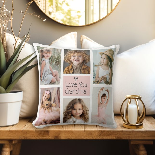 Coussin Pink Love You Grand-mère Photo Collage Keepsaké (A cute photo gift for Grandma.)